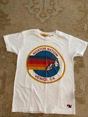 Aviator Nation White Tee with Rainbow Circle Logo Kids Size 8